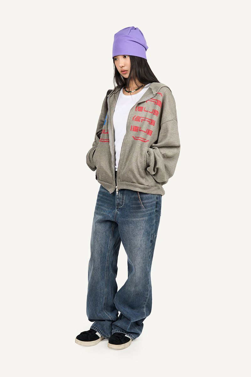 Vintage Graphic Waffle Hood Zip-Up