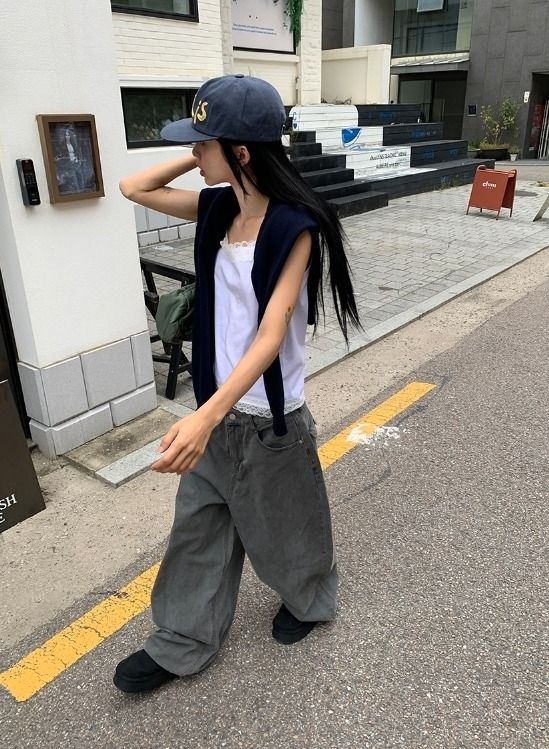 グロ バックポケット デニム ワイド パンツ