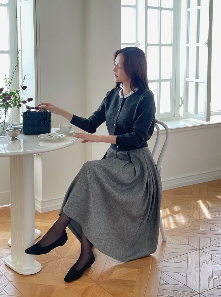 Nortel Pintuck Herringbone Flare Long Skirt
