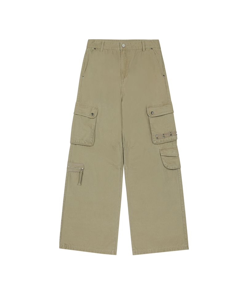 Multi Pocket Eyelet Wide Cotton Pants - BEIGE