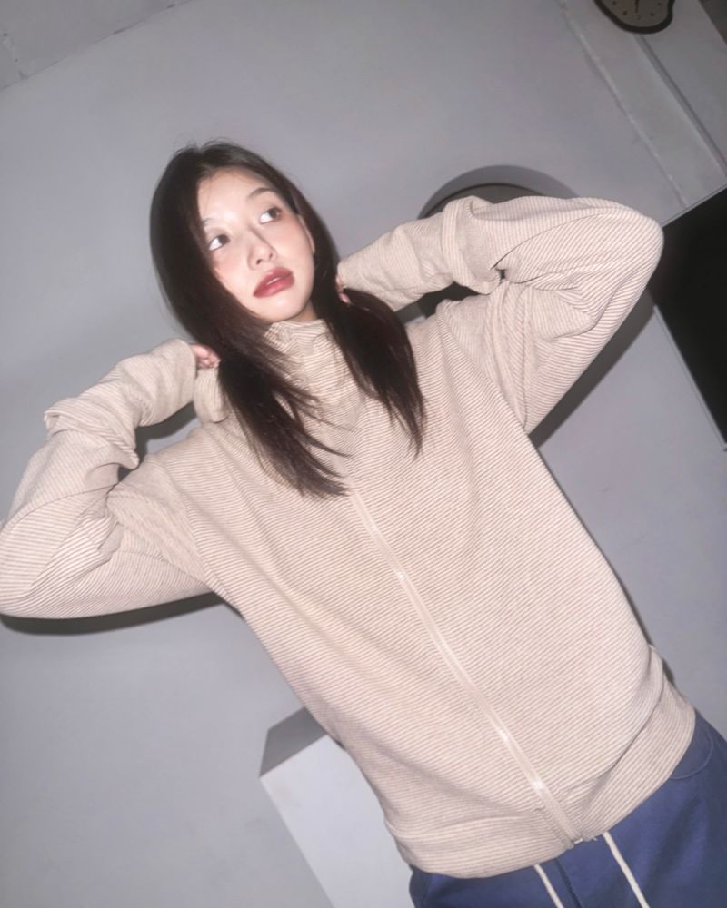 (3color) Button High-Neck Stripe Brushed Hood Zip-Up