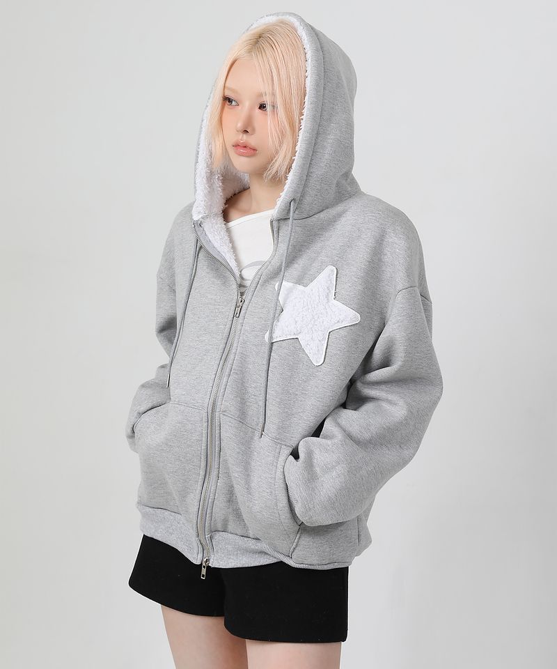 (기모) Patch Two-way Hood Zip-up