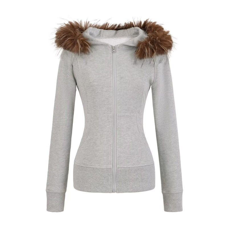 Fur-Trim Slim Hood Zip-Up