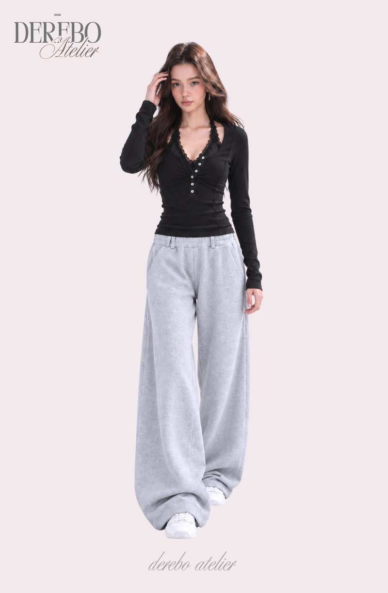 Black halter neck lace button long sleeve tee