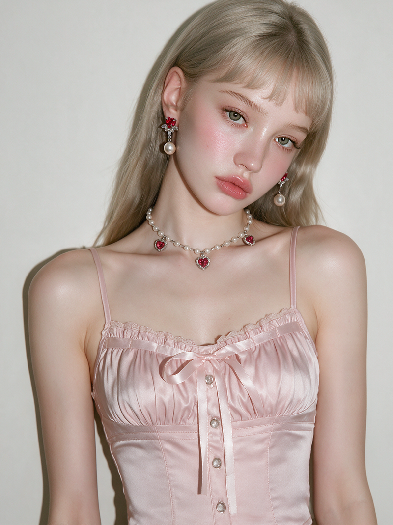 [IU Piercing] Heart Crystal and Pearl Piercing - Rosepink