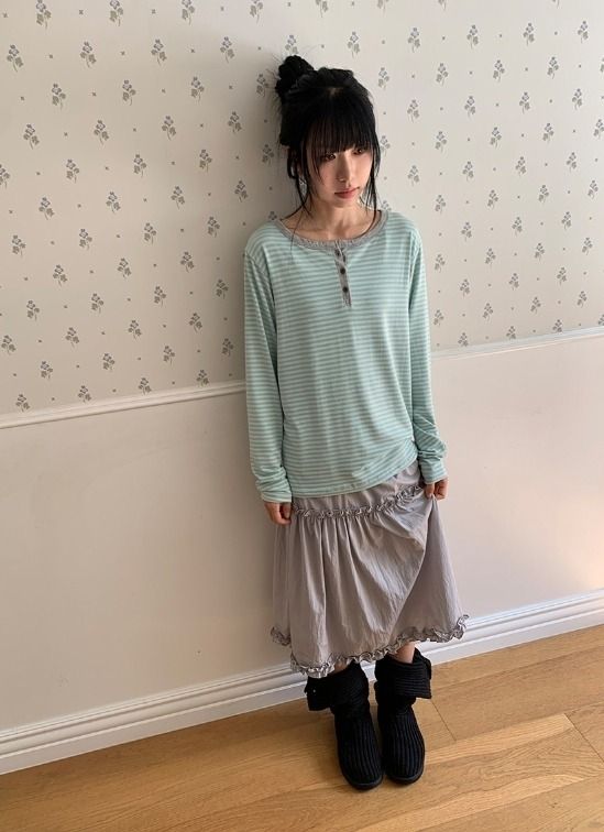 26FW★ [BAONHAUS] Diendi Stripe Henley Long Sleeve Tee