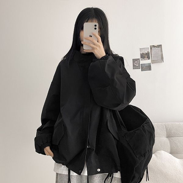 Ryeing High-Neck String Balloon-Sleeve Field Jacket (3 colors)