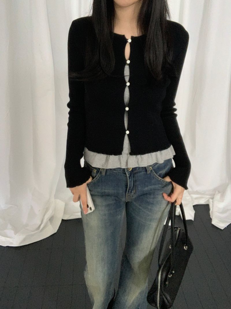 Tviche Round Neck Frill Button Cardigan