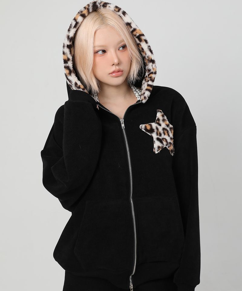 (기모) Leopard Patch Two-way Hood Zip-up