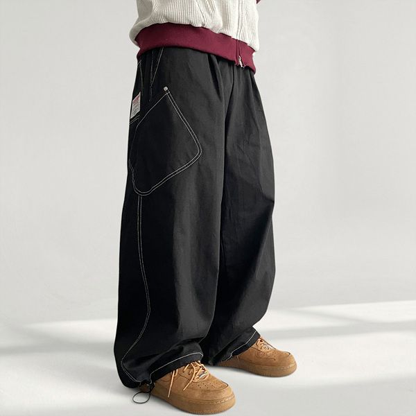 Stitch Diagonal Pocket String Cotton Wide Pants (4 colors)