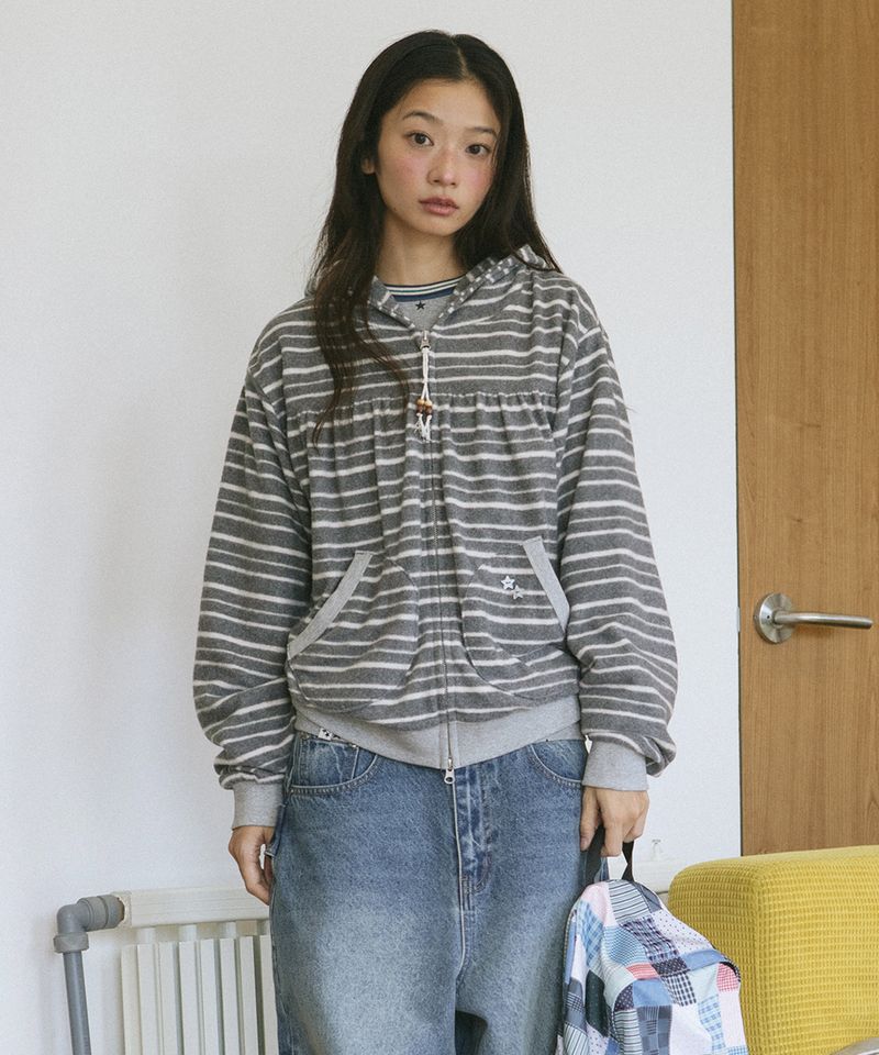SOFT STRIPED SHIRRING ZIP UP HOODIE GREY (CV2GFFM483A)