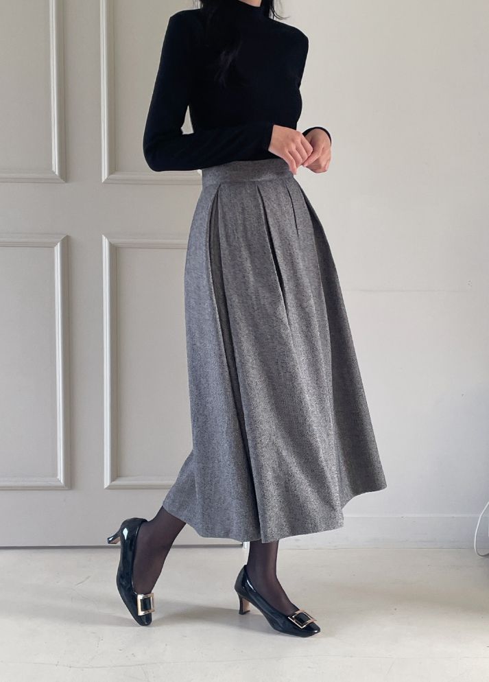 Nortel Pintuck Herringbone Flare Long Skirt