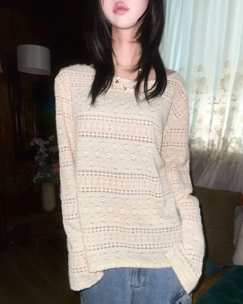 (2color) Flower Mix Lace Sheer Knit