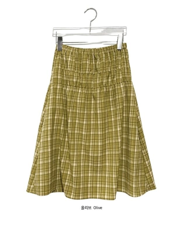 Ulan Shirring Check Banding Midi Skirt