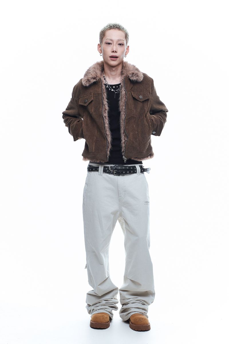 Fur Collar Corduroy Crop Jacket - Brown