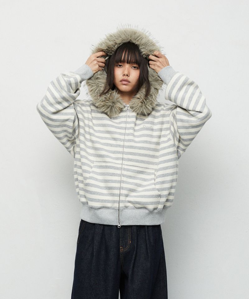 STRIPE FUR HOOD ZIP-UP_GREY