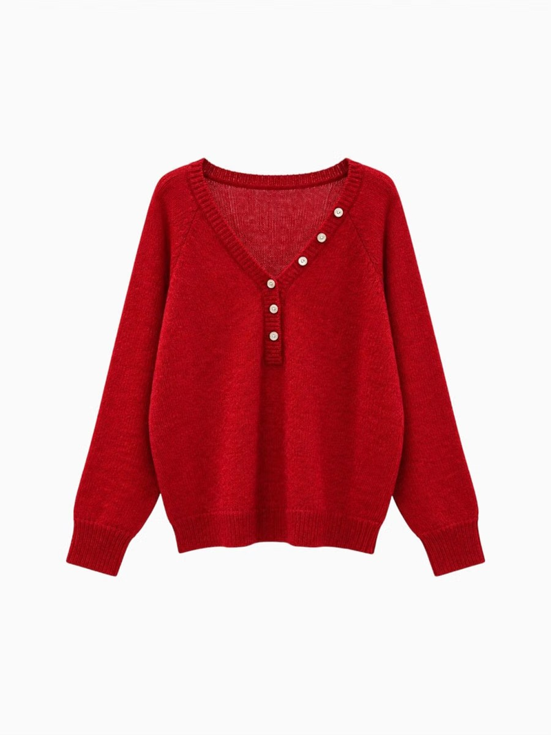 BUTTON-ACCENTED V-NECK KNIT (RED)