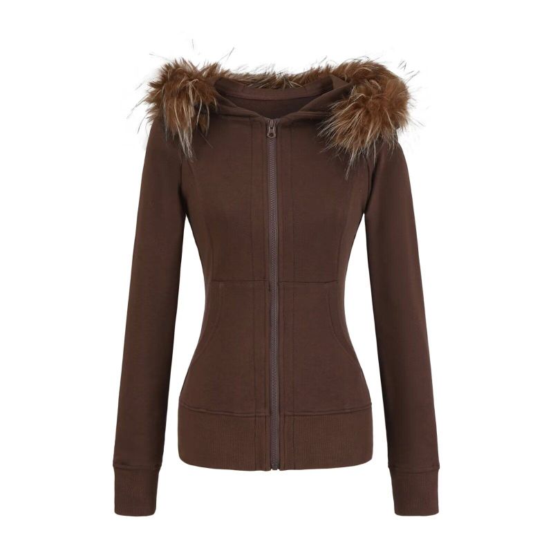 Fur-Trim Slim Hood Zip-Up