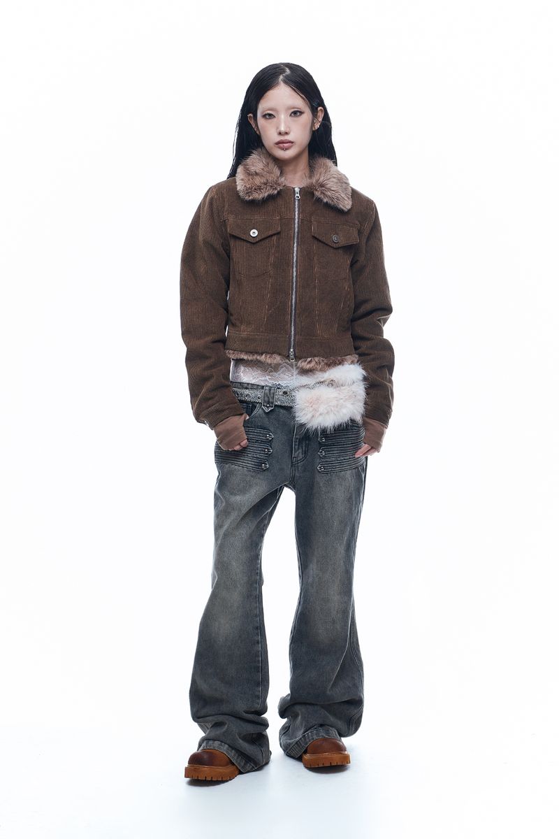 Fur Collar Corduroy Crop Jacket - Brown