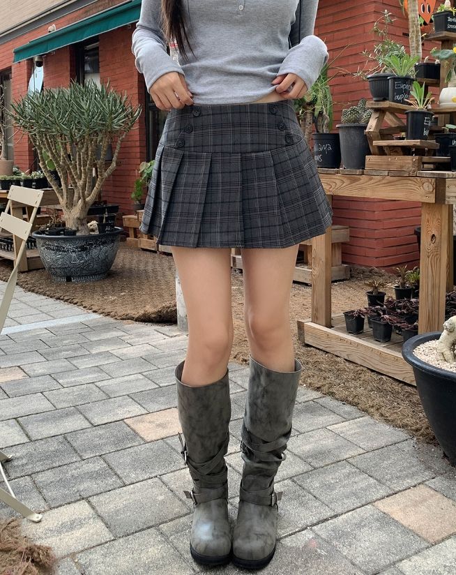 Cheed Check Button Pleated Mini Skirt