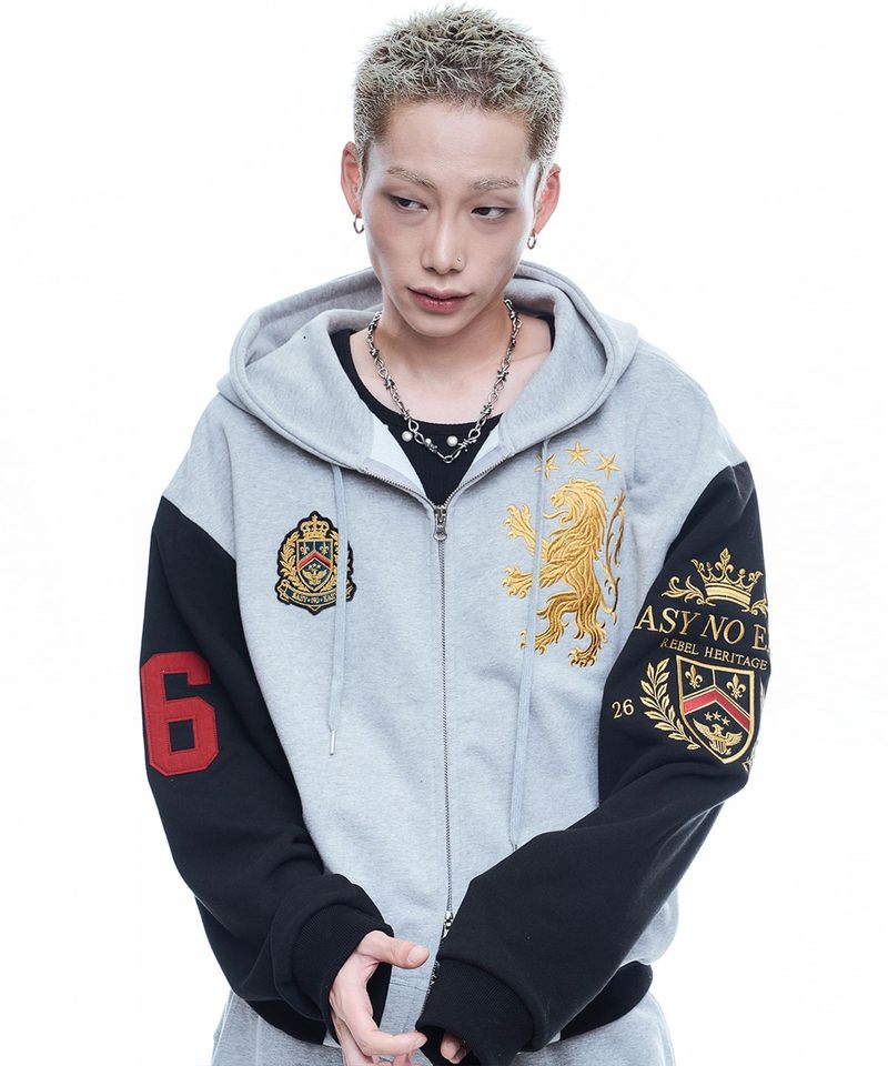 Heraldic Emblem Crop Hoodie Zip-up - Gray