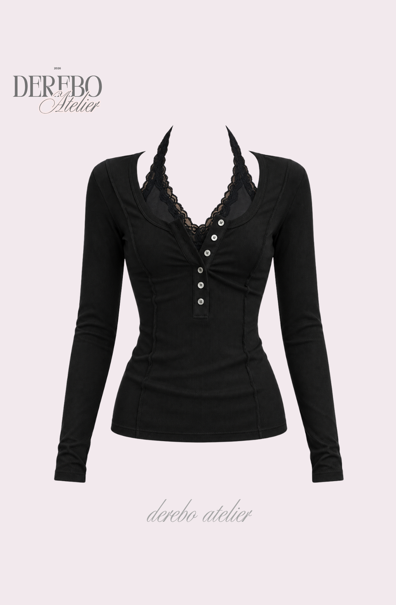 Black halter neck lace button long sleeve tee