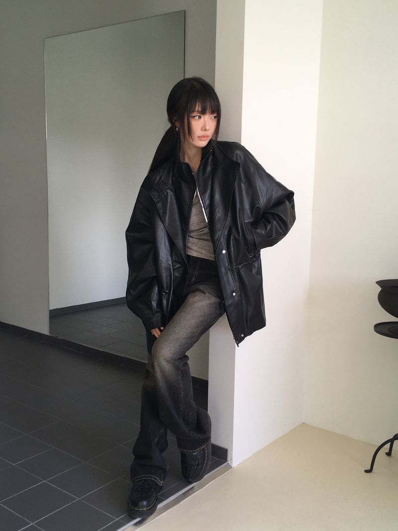 レヴェン ハイネック レイヤード レザー ジャケット