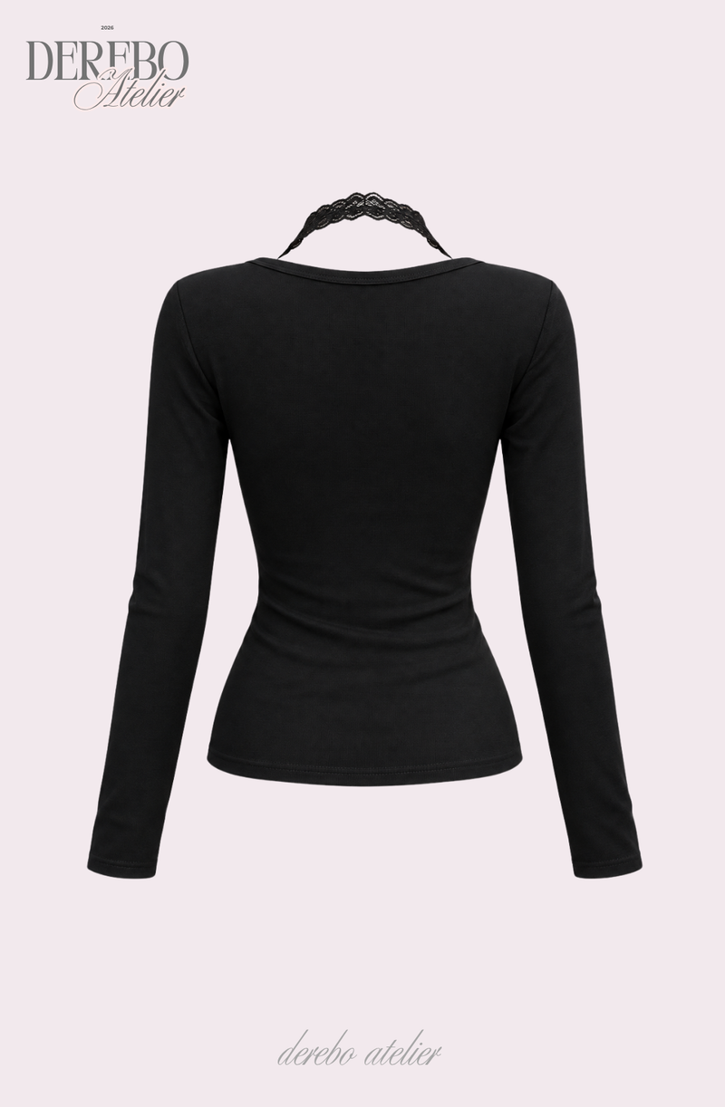Black halter neck lace button long sleeve tee