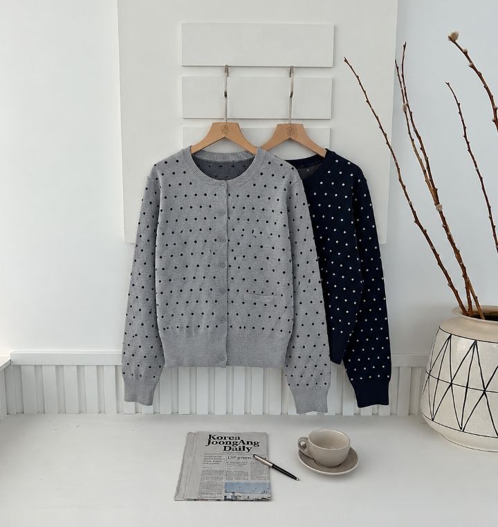 Moel Round Neck Dot Knit Cardigan