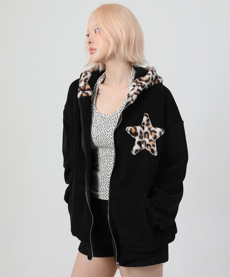 (기모) Leopard Patch Two-way Hood Zip-up