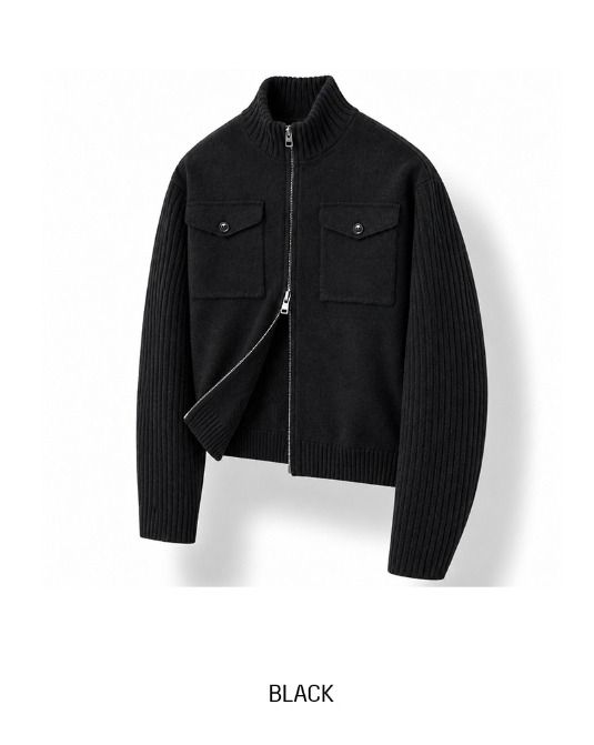 Horin Pocket Semi-Crop Knit Zip-Up