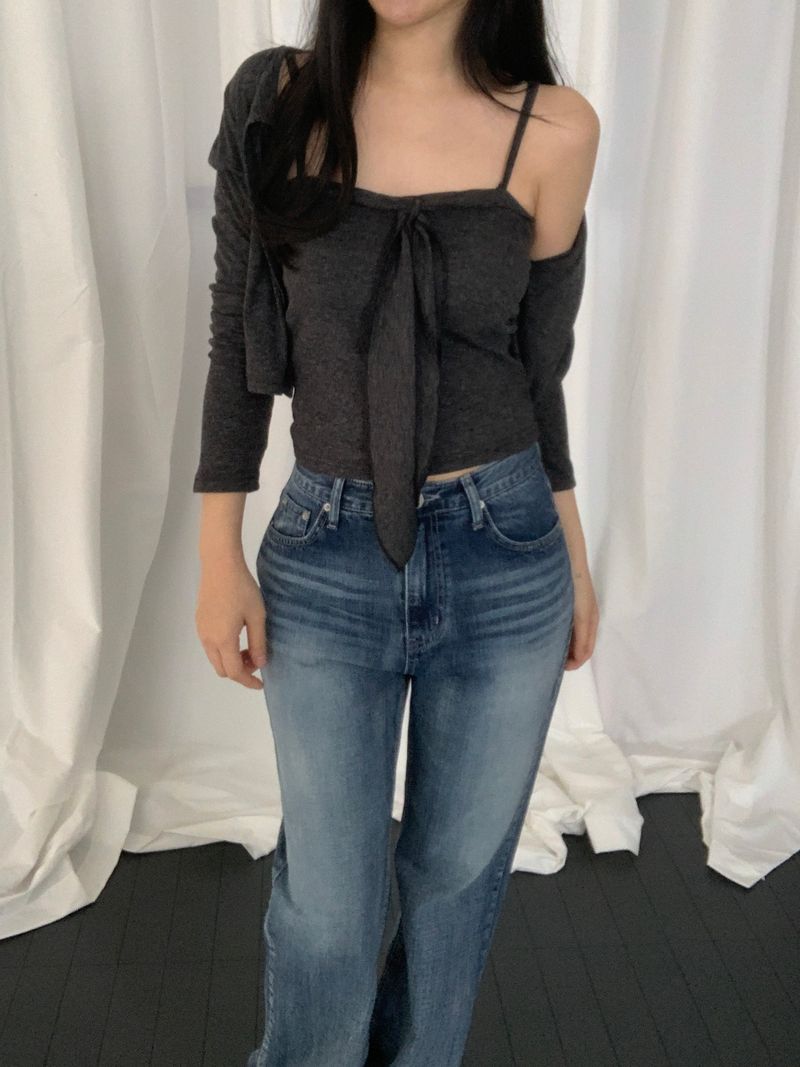 [set] Cervi ribbon sleeveless cardigan set