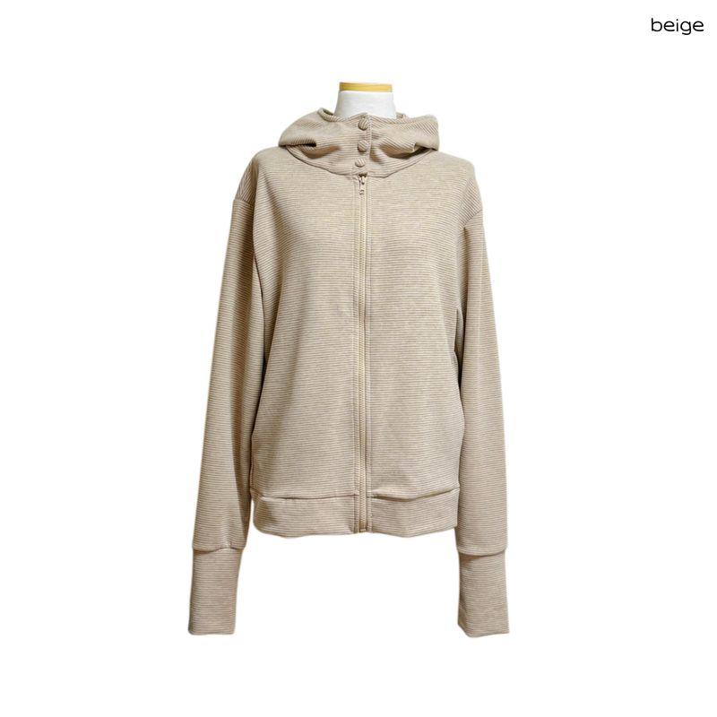 (3color) Button High-Neck Stripe Brushed Hood Zip-Up