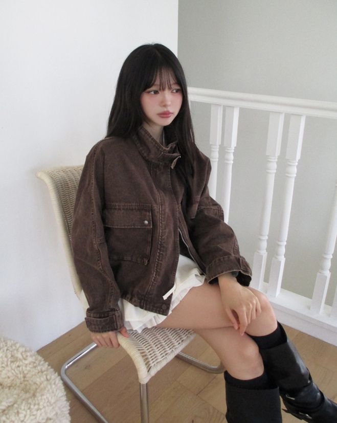 Maden Big Pocket Washed Cropped Denim Jacket