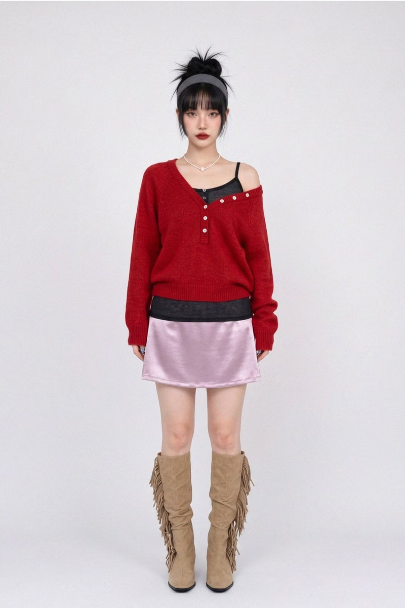 BUTTON-ACCENTED V-NECK KNIT (RED)