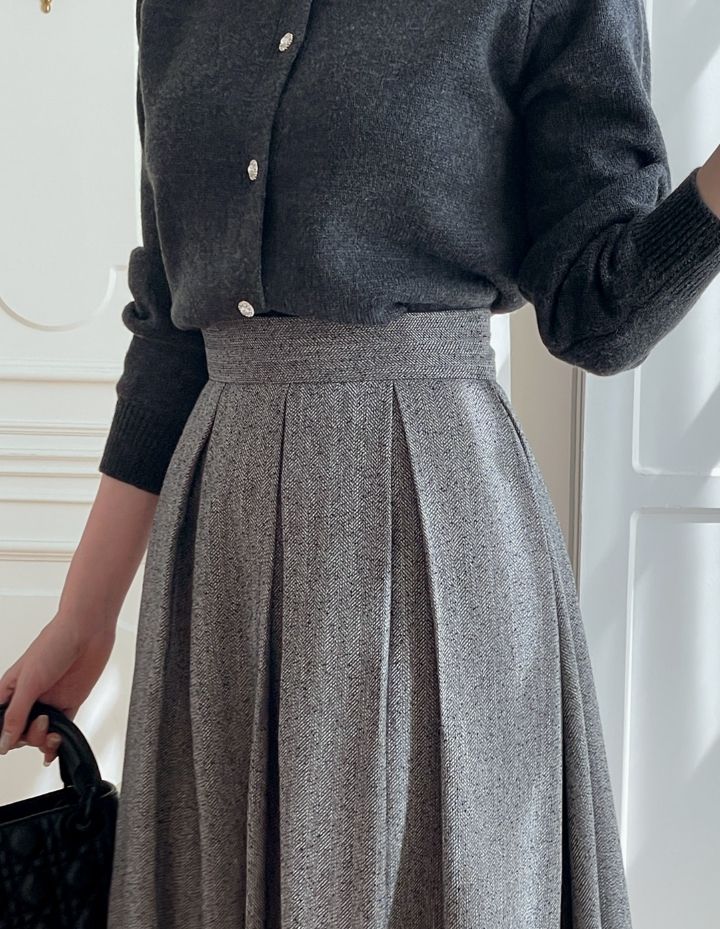 Nortel Pintuck Herringbone Flare Long Skirt