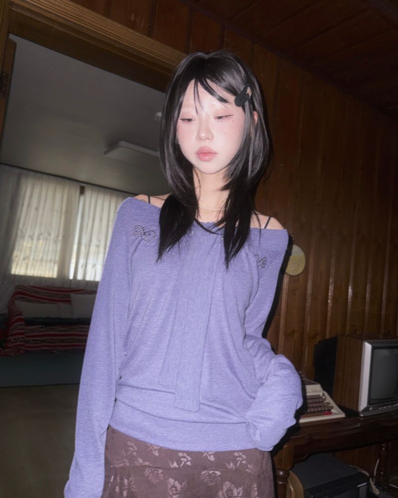 (3color) Studded Tie-Neck Soft Knit Tee