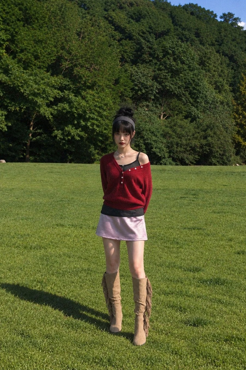 BUTTON-ACCENTED V-NECK KNIT (RED)
