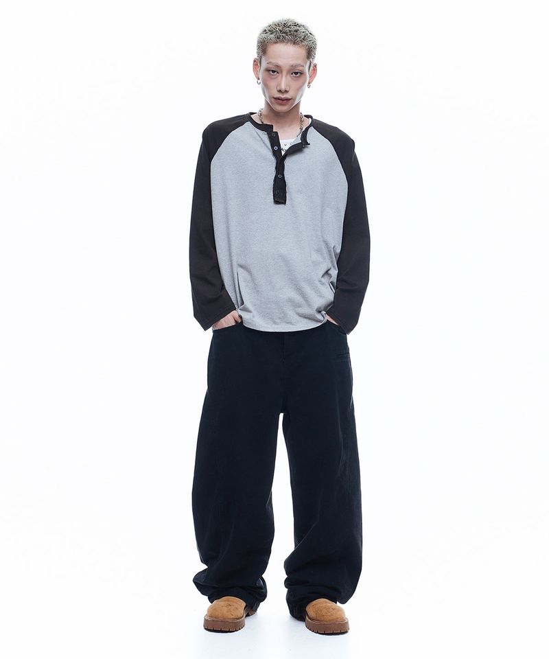 Deep Hen Neck Raglan Long Sleeve - Gray