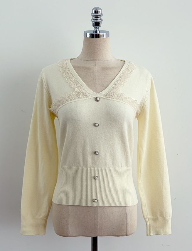 Lomet V-Neck Lace Pearl Knit