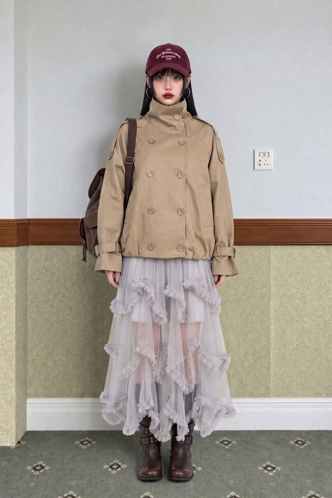 CONVERTIBLE-COLLAR BALLOON TRENCH JACKET