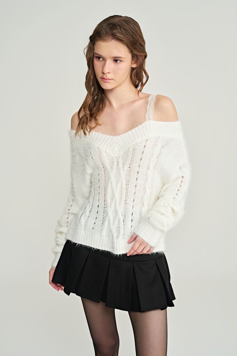 Rose milk fluffy lace knit, Ivory